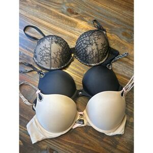 Victoria's Secret 36B Bombshell Plunge & Other Bra Black Lace Nude Set of 3